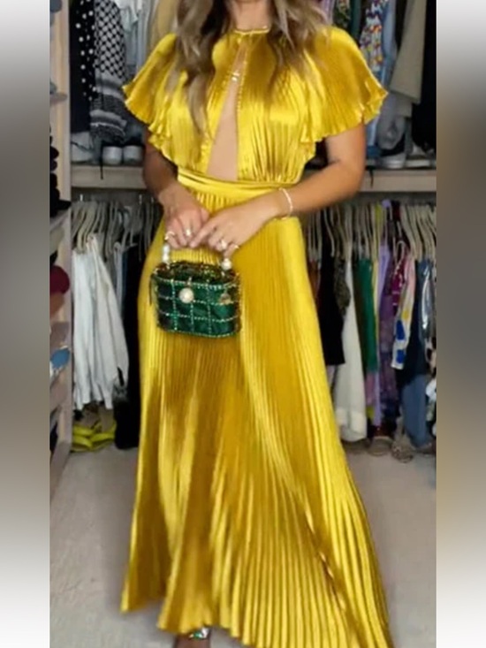 L’Idee Dresses & Skirts - Gold Pleated Maxi Dress with Flutter Sleeves
